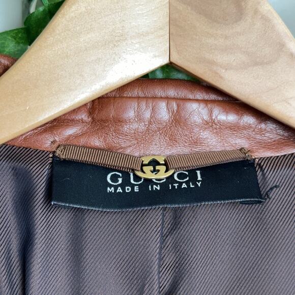 GUCCI 100% Leather Blazer Jacket Belted Cognac Brown Tan Camel Sz 40 - Picture 3 of 9